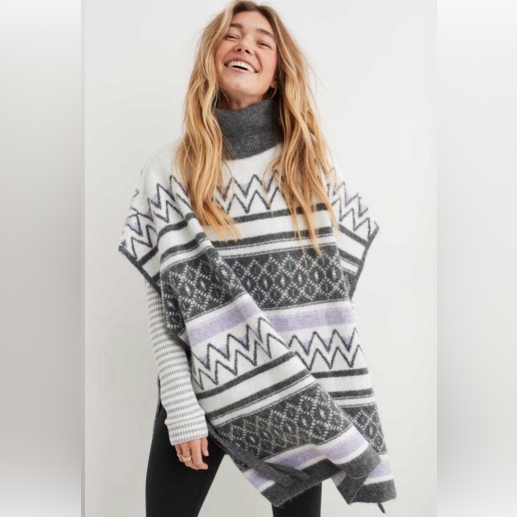 Aerie Womens Fair Isle Oversized Turtleneck Poncho Sweater Pullover Medium